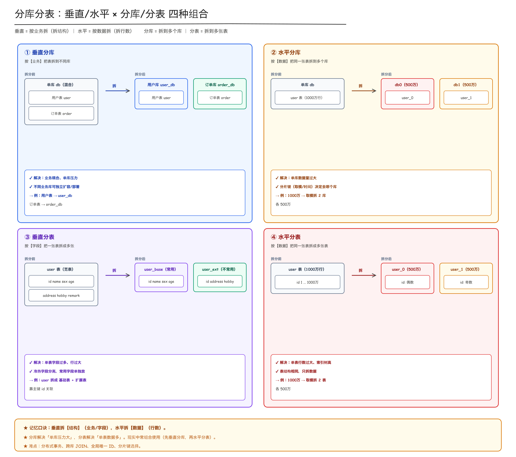 分库分表：垂直/水平 × 分库/分表 四种组合